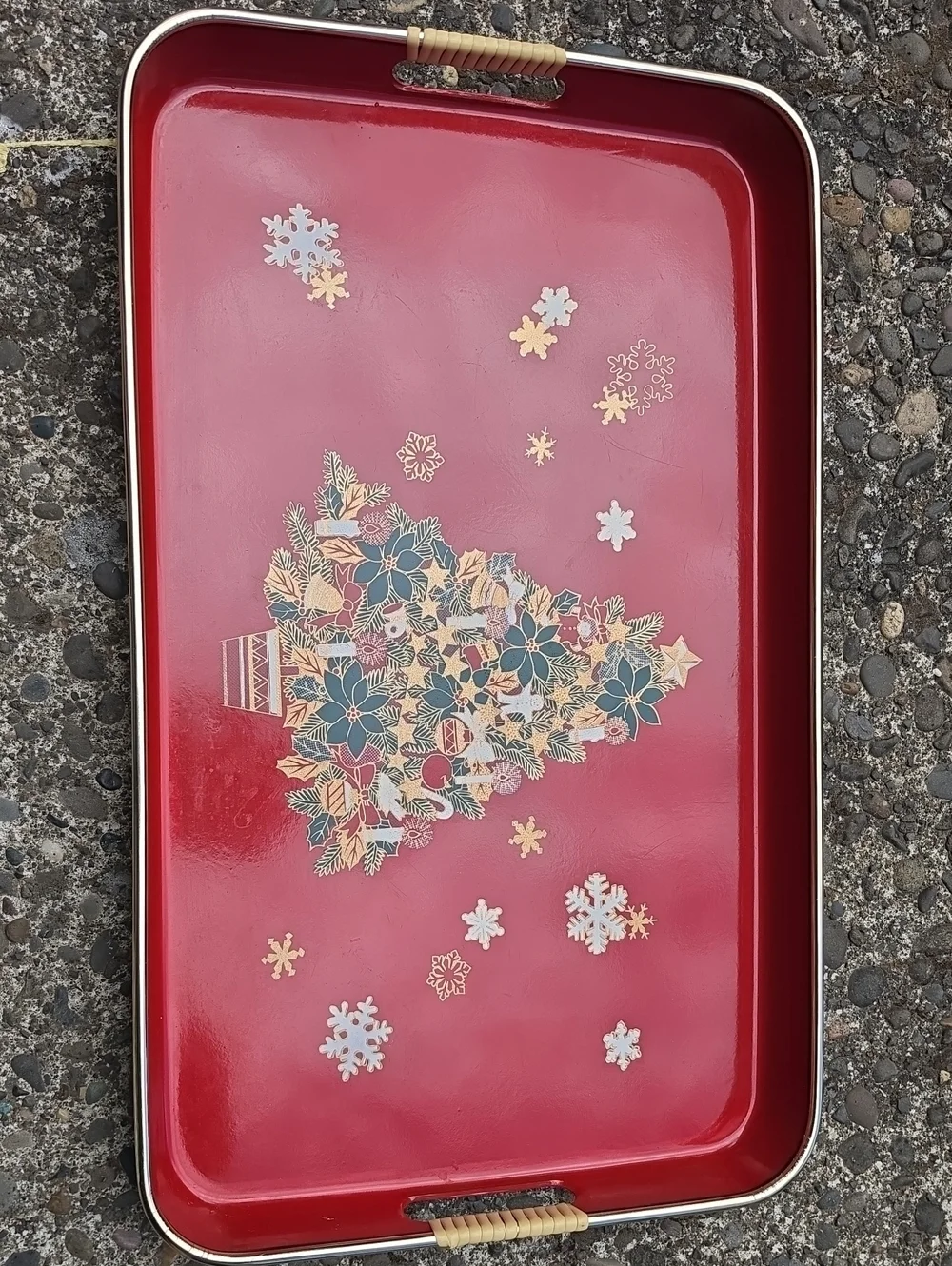 Antique Festive Red Holiday Serving Tray with Floral Christmas Tree Design